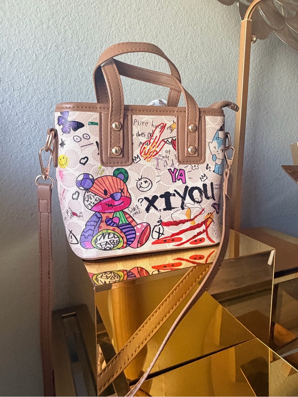 Graffiti Teddy Bear Mini Satchel Crossbody Bag Cute Kawaii Street Art NWOT - Picture 3 of 13